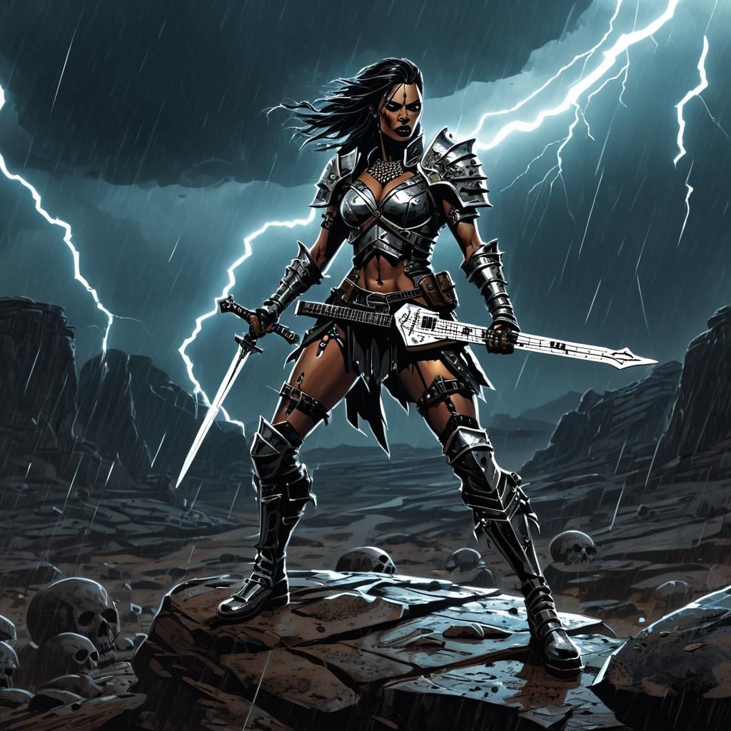Woman Warrior with Sword-Guitar in Comic Book Style
