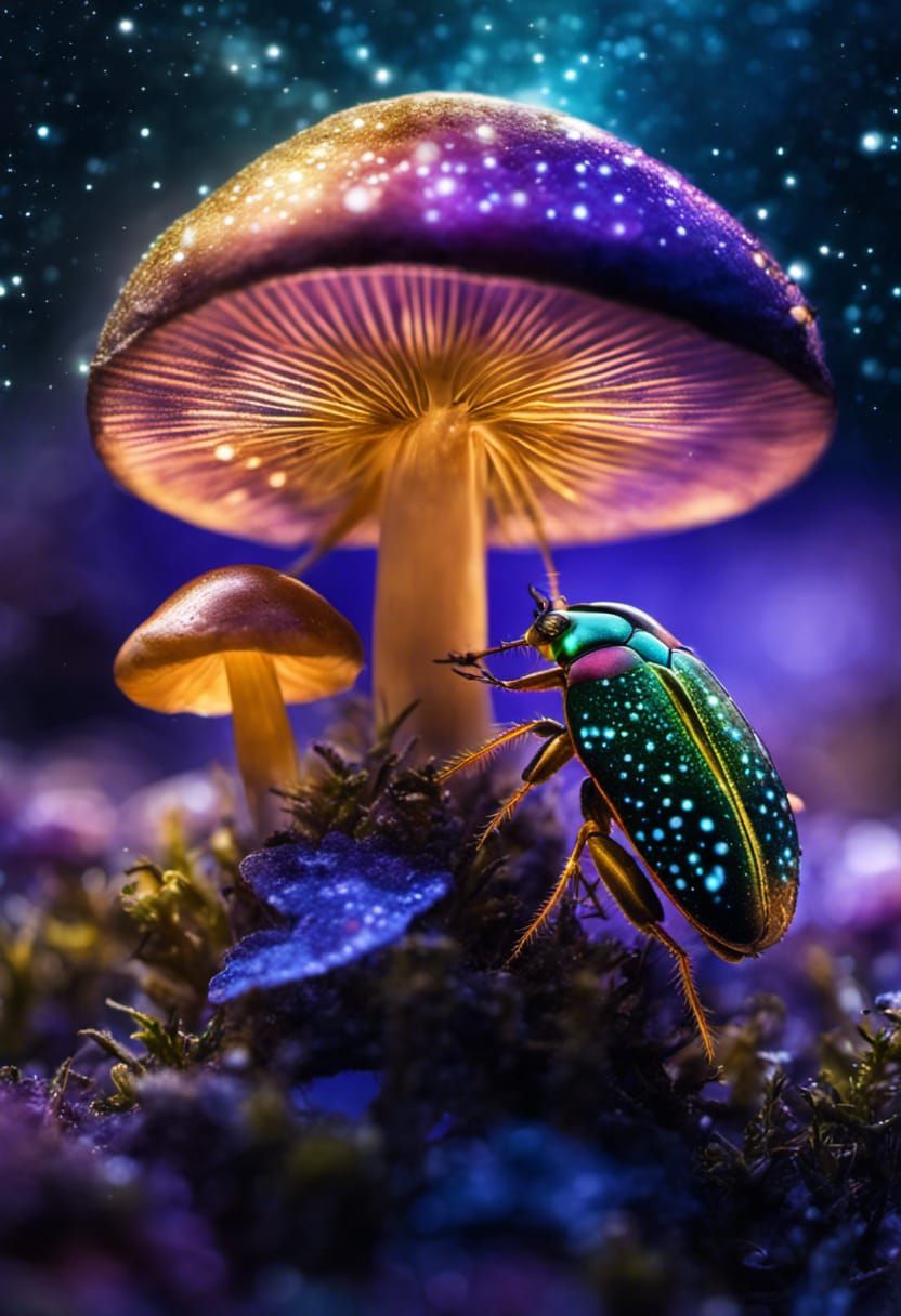 Jewel Beetle Crawling Under Bioluminescent Mushrooms