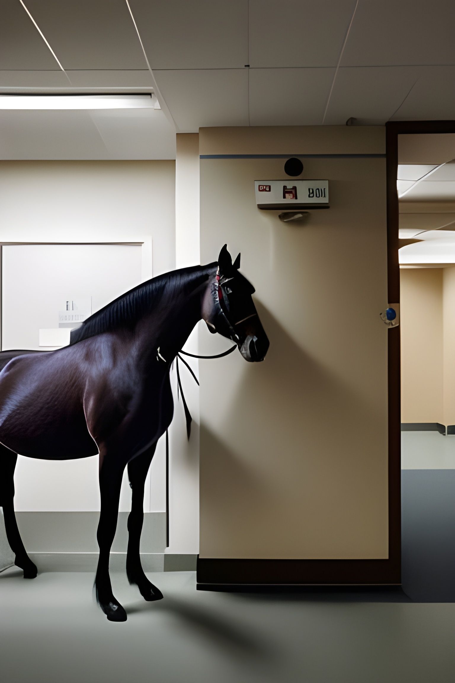 Horse in Hospital Hallway: Surreal Whimsical Photo