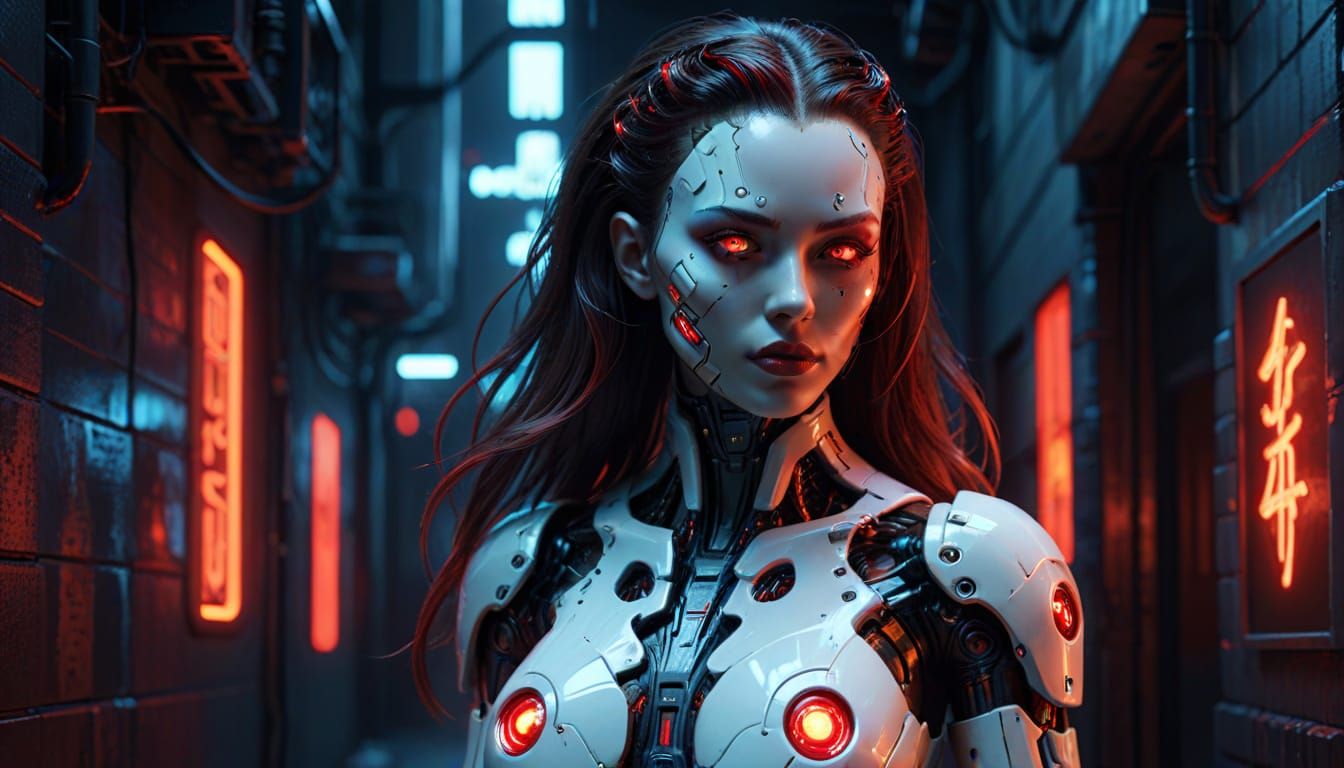 Cyberpunk Gynoid Pinup in Dark Alleyway