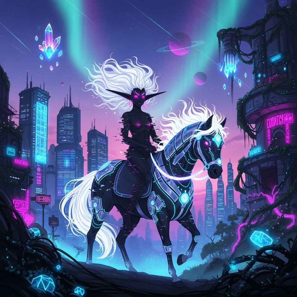 Glitched Elf Rides Cyberpunk Horse in Futuristic Landscape