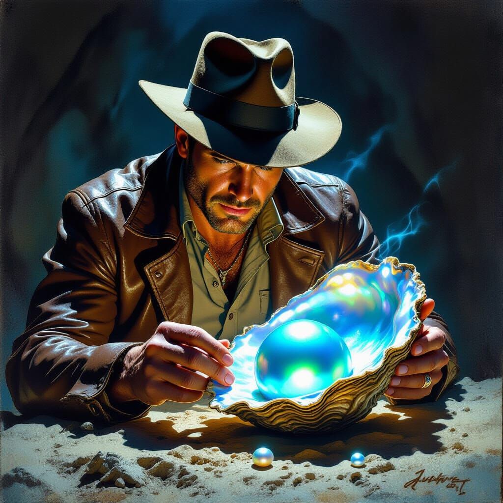 Indiana Jones Discovering a Giant Pearl, Fantasy Art