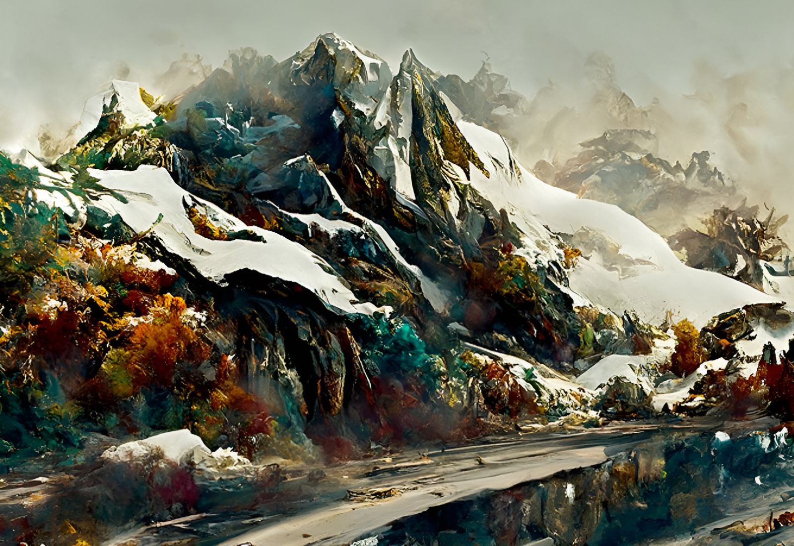 Snowy Mountainscape in Watercolor Style