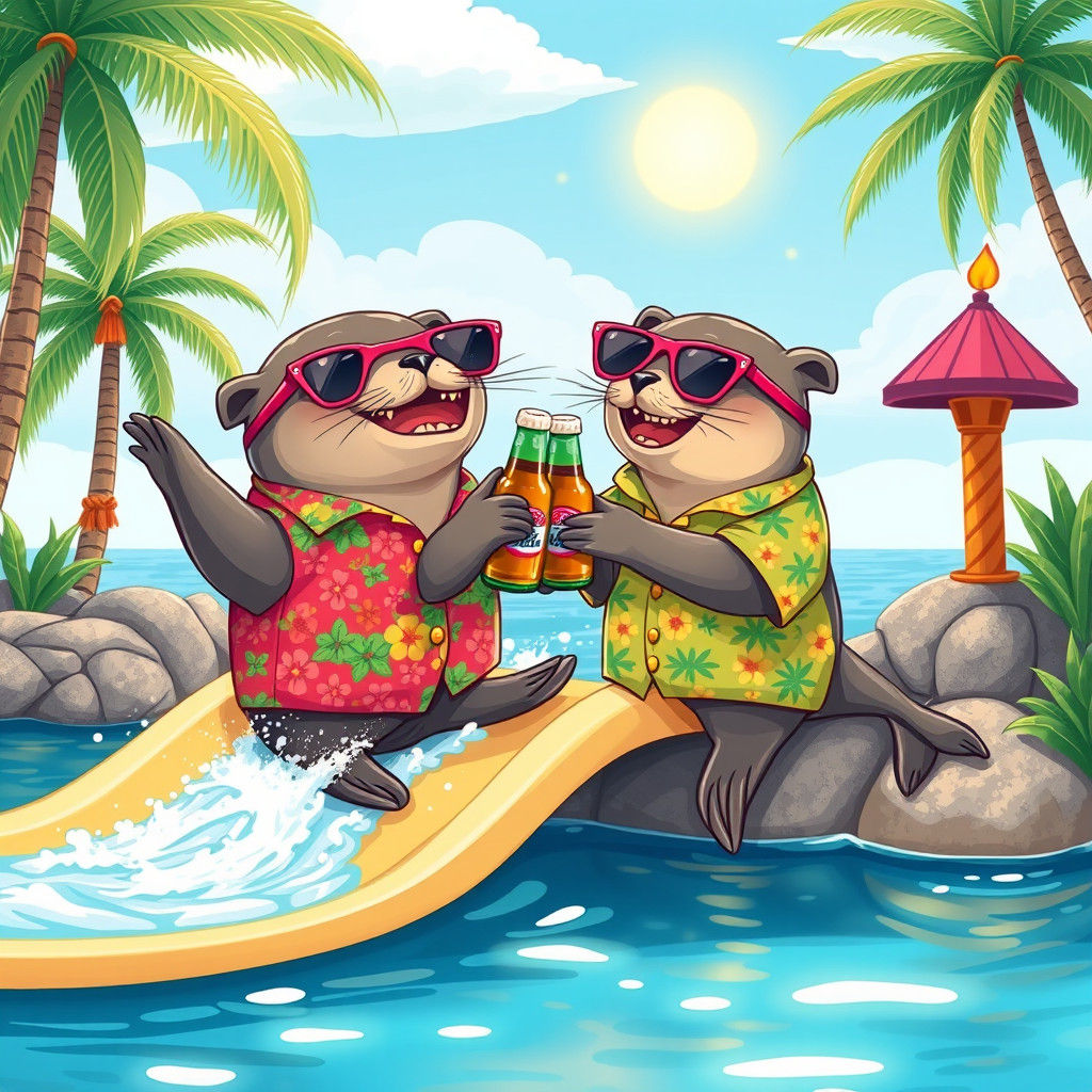 Sea Lions Party in Tropical Paradise, Whimsical Illustration