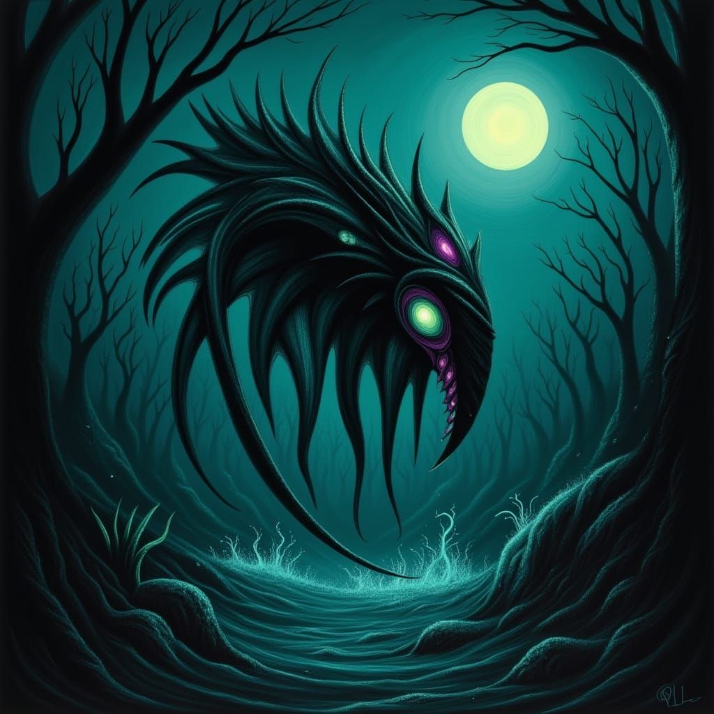 Bioluminescent Kraken Emerges from Misty Swamp in Dark Fanta...