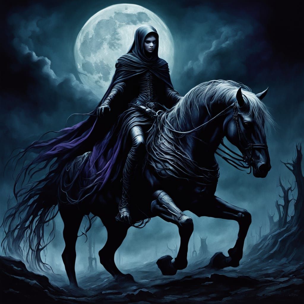 Eerie Widow Rides Horse in Dark Fantasy Art