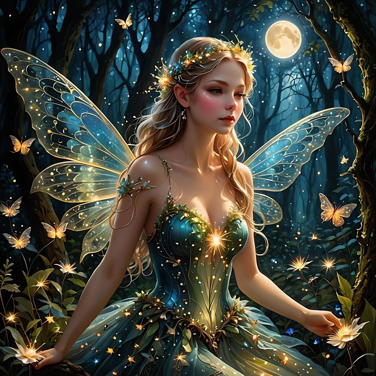 Ethereal Fairy with Sparkling Flowers in Fantasy Painting