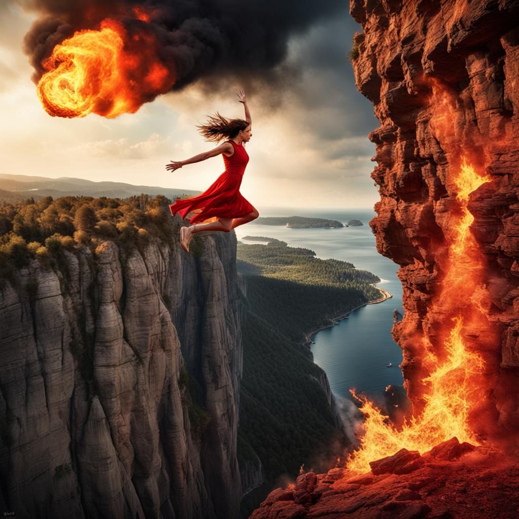 Woman Leaping from Burning Cliff in Hyperrealistic Style