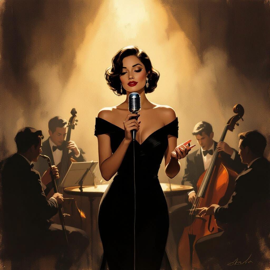 Elegant Woman Sings in Smoky Jazz Club Spotlight