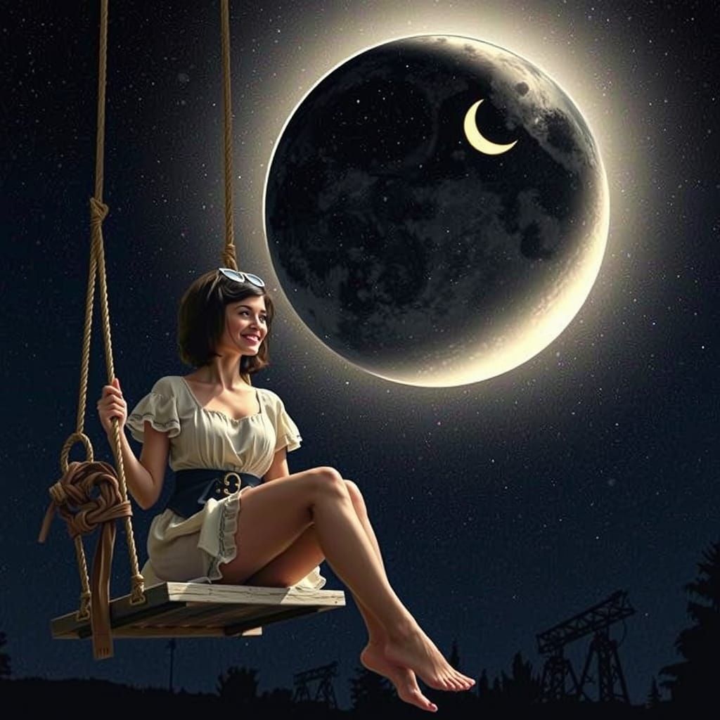 Woman on Swing in Starry Moonlit Sky