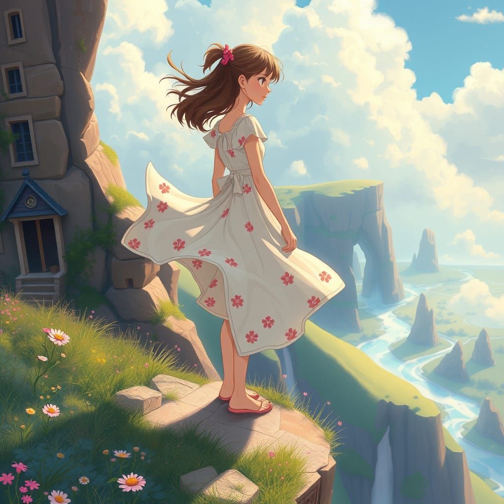 Girl on Windy Cliff in Anime Dreamscape