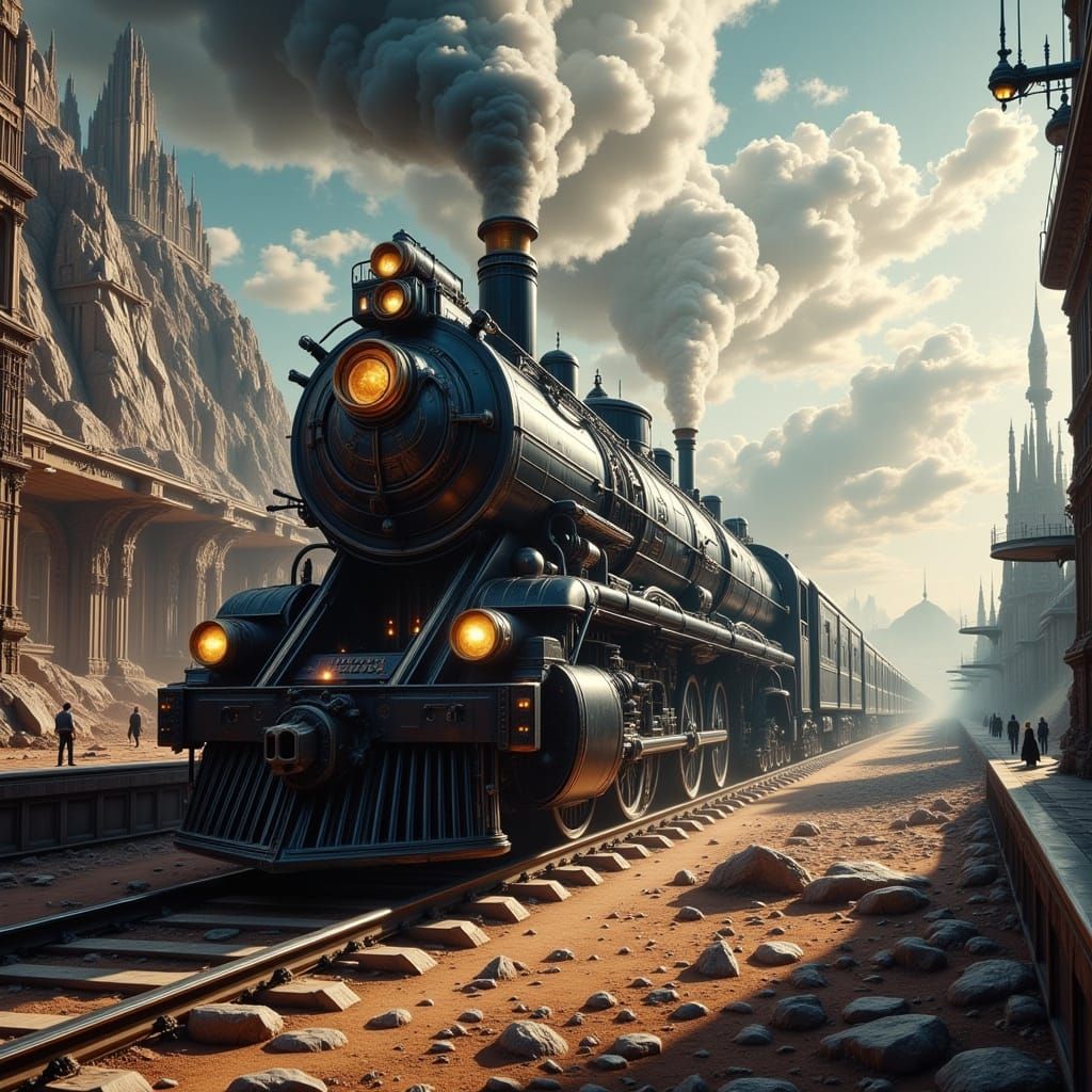 Futuristic Steam Train on Alien Planet in Extreme Perspectiv...