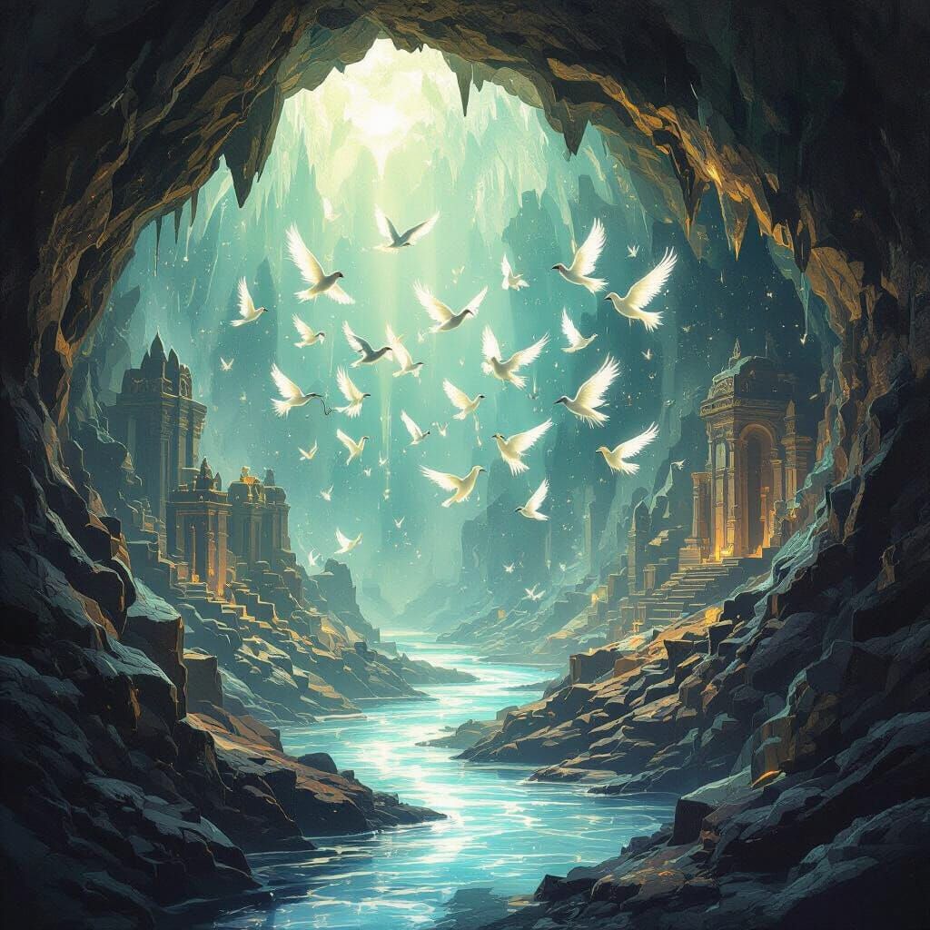 Bioluminescent Birds in Crystal Cave with Starlight Rivers