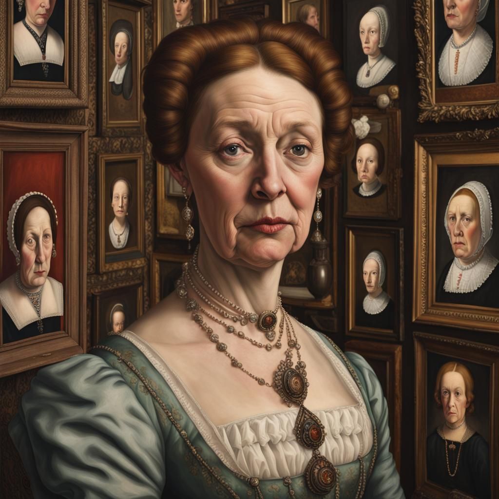 Unflattering Tudor Woman Surrounded by Portraits