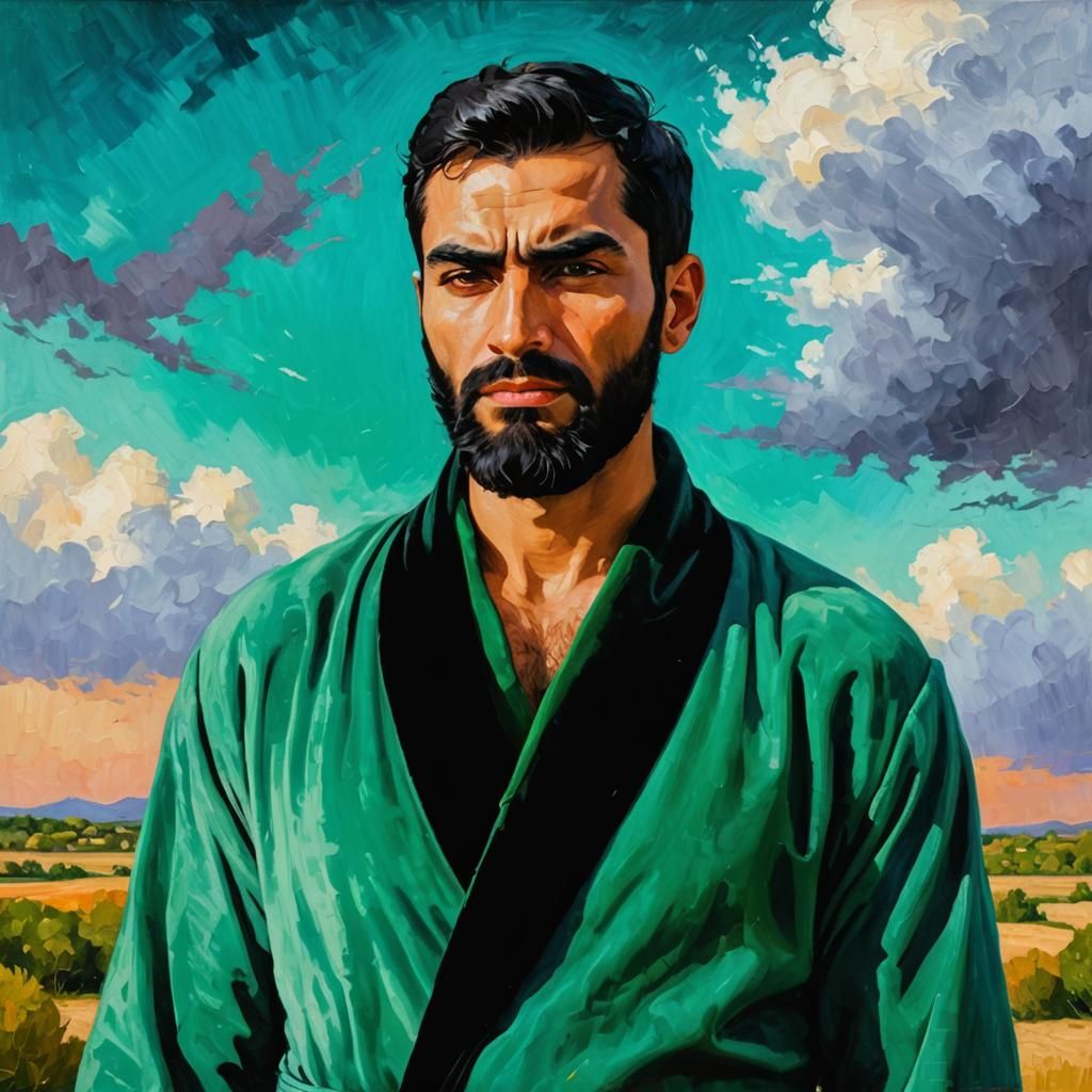 Emerald Velvet Portrait as Impasto Gouache Painting