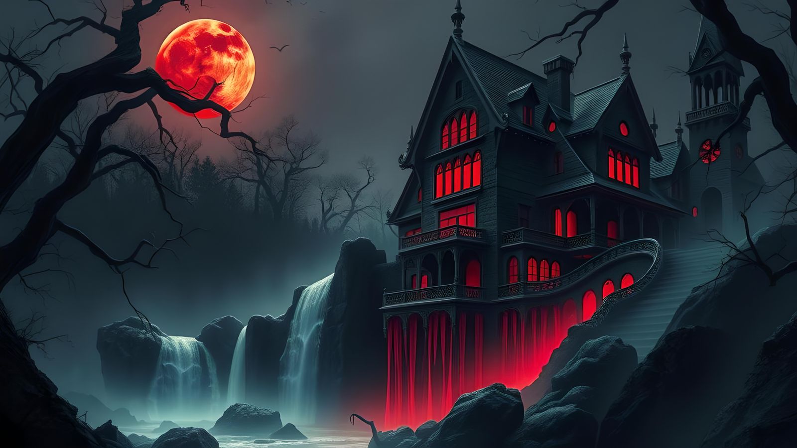 Haunted House Waterfall of Souls in Ominous Lighting