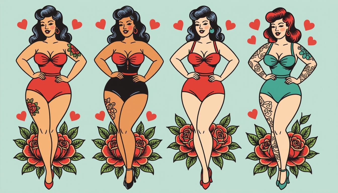 Vintage Pin-Up Tattoo Flash Sheet with Plus-Size Models