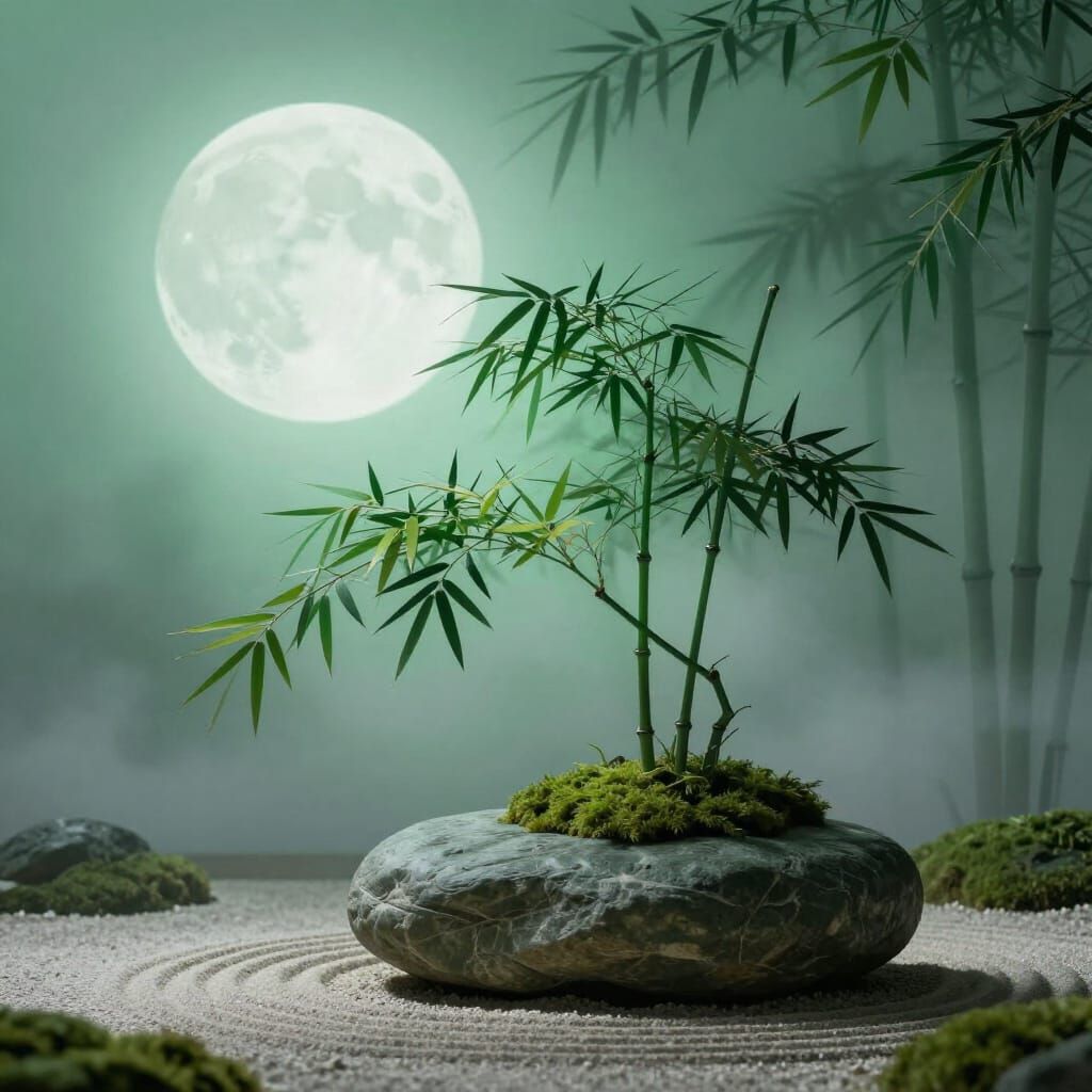 Tranquil Bamboo Bonsai in Emerald Moonlight Zen Garden
