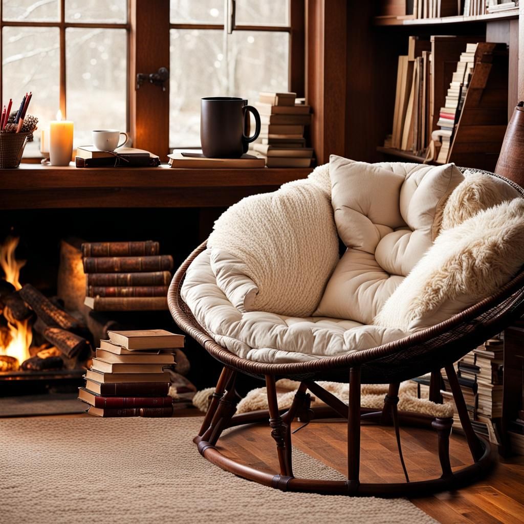 Cozy Fireside Reading Corner with Papasan Chair