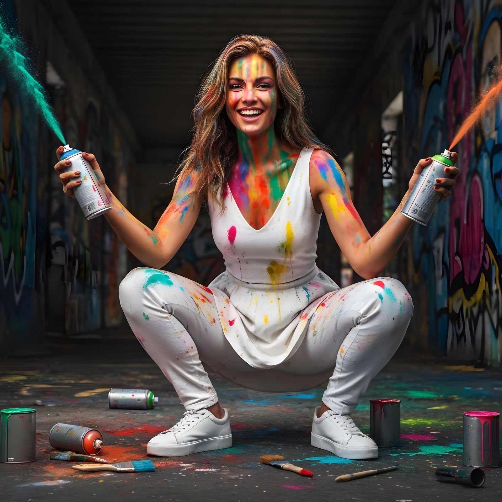 Energetic Woman Covered in Paint Splashes