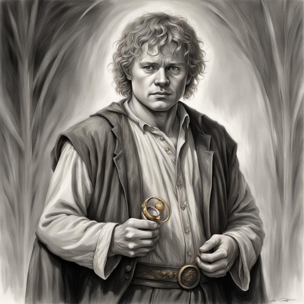 full body  portrait, black and white, of  Samwise Gamgee
Lord Of The Rings character, hobbit,holding a gold ring with en...