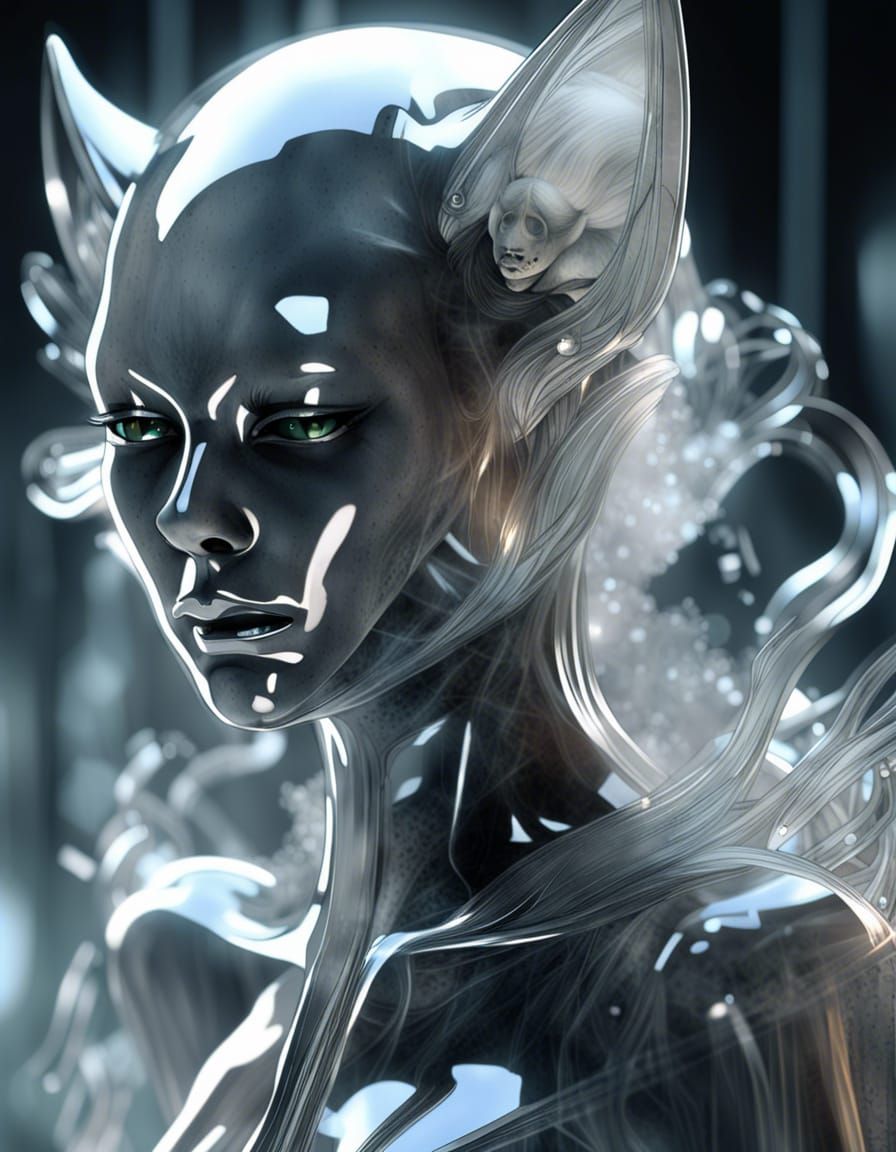 Crystal Neko Emerges from Smoke, in Biomechanical Style