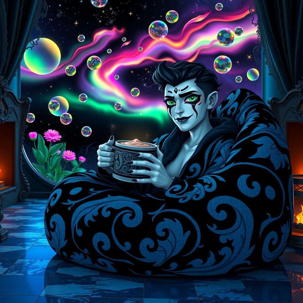 Ethereal Youth in Cyberpunk Lounge