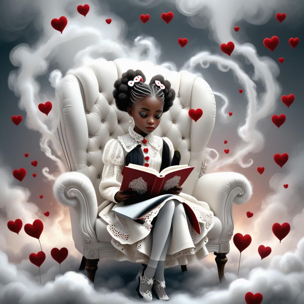 Surreal Victorian Girl Reading by Waterfalls