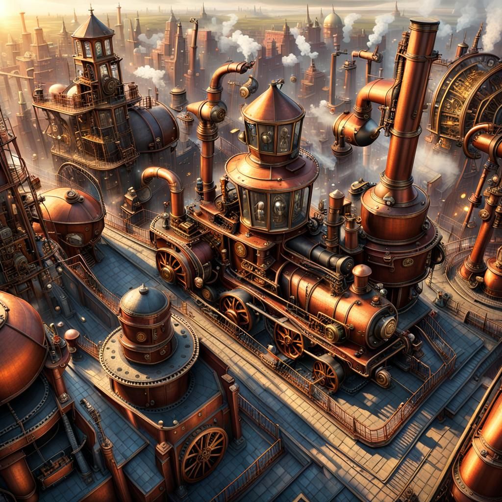 Steampunk Cityscape Aerial View with Gnomes