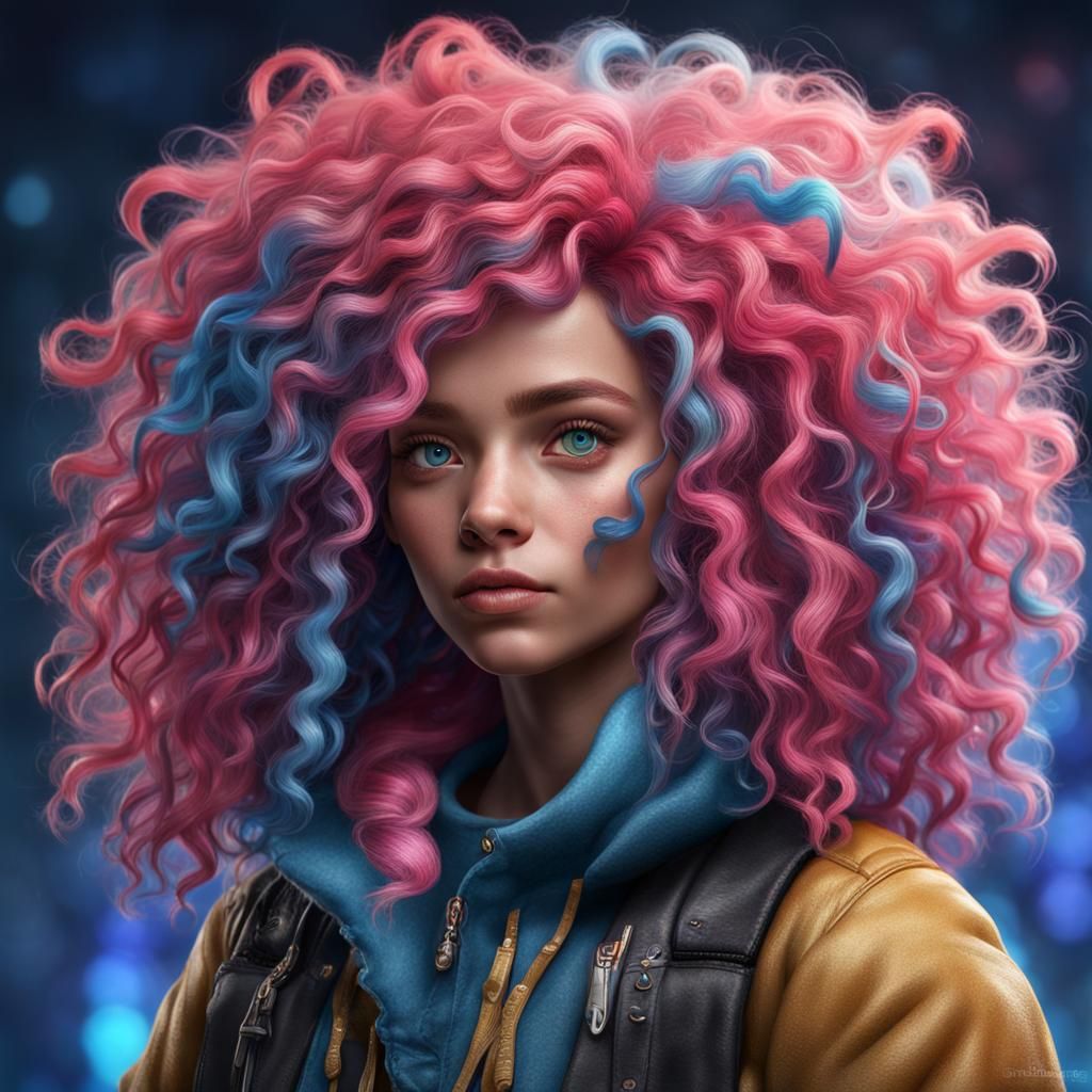 Hyperrealistic Furry with Blue and Pink Curly Hair