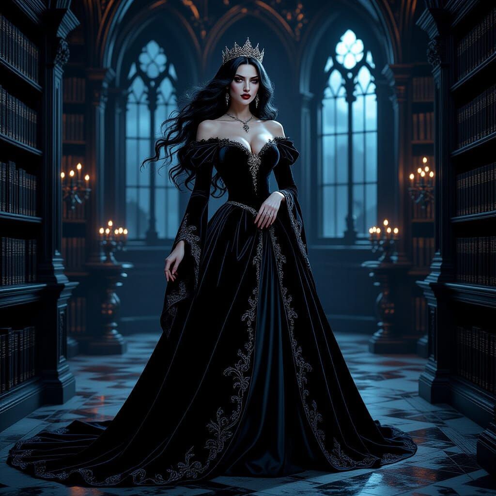 A regal vampire queen with long, flowing ebony hair and pier...