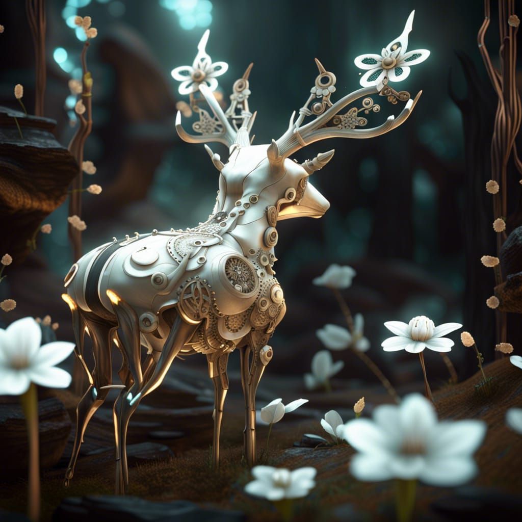 Steampunk Deer with Flowers and Crystals