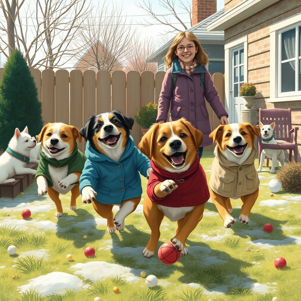 Whimsical Winter Scene of Dogs Playing Fetch with Their Owne...