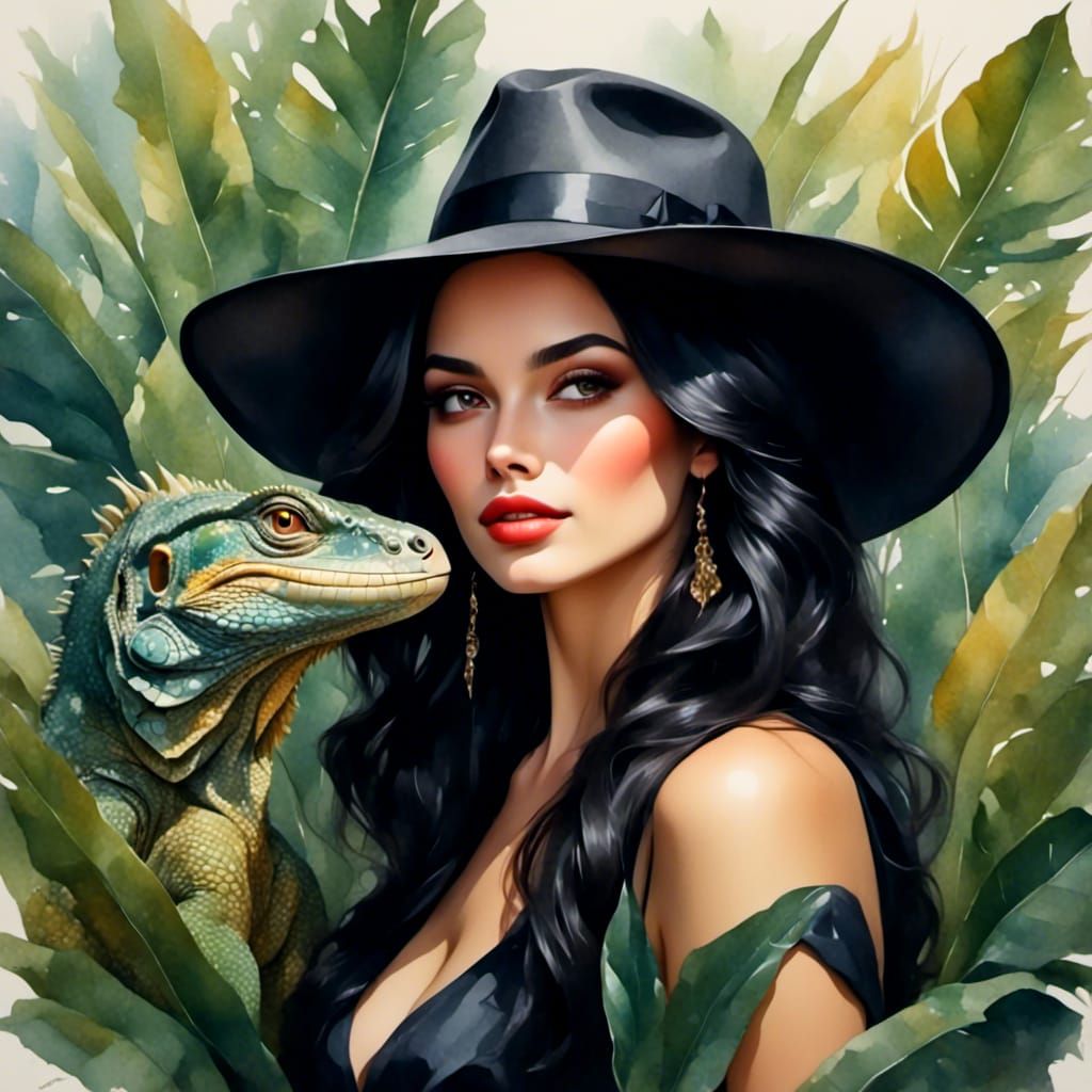 Beautiful Woman with Iguana in Watercolor Style