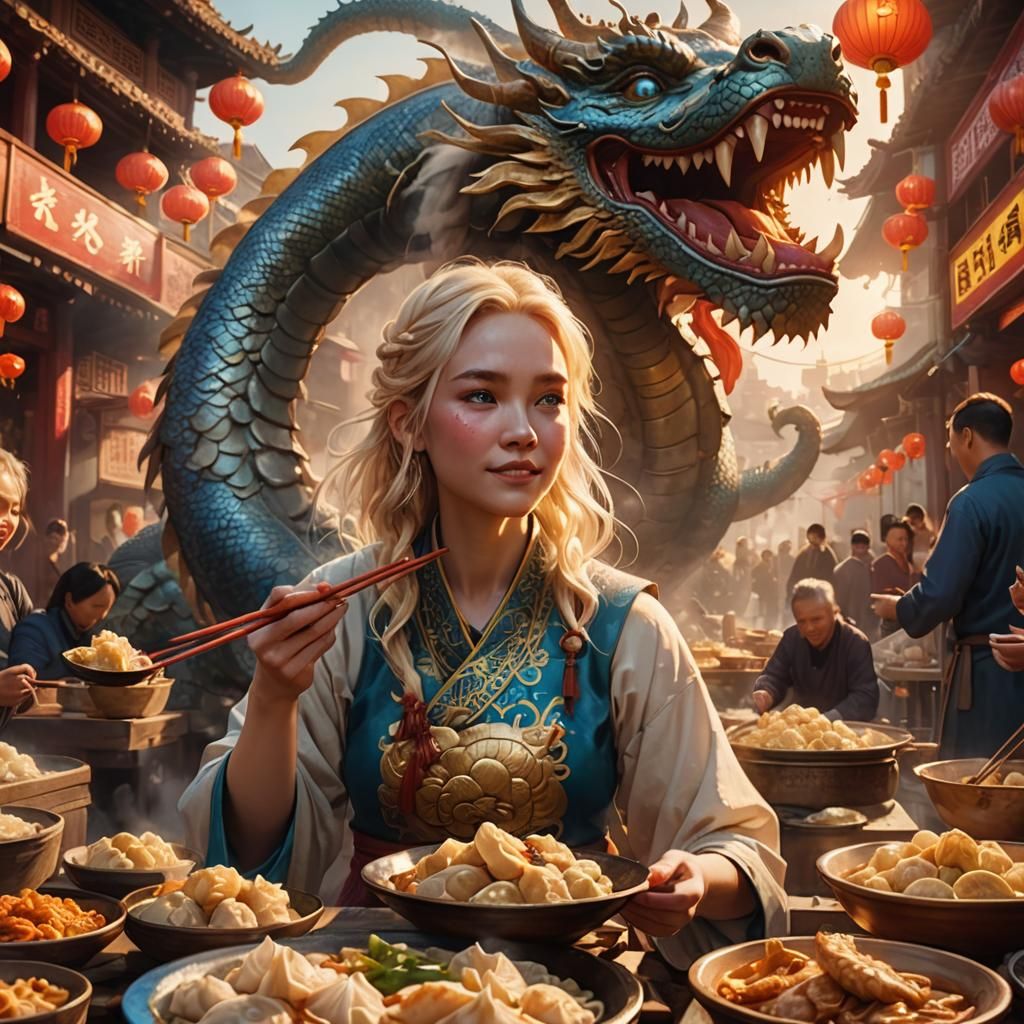 Girl, Dragon, and Dumplings in Chinese Market