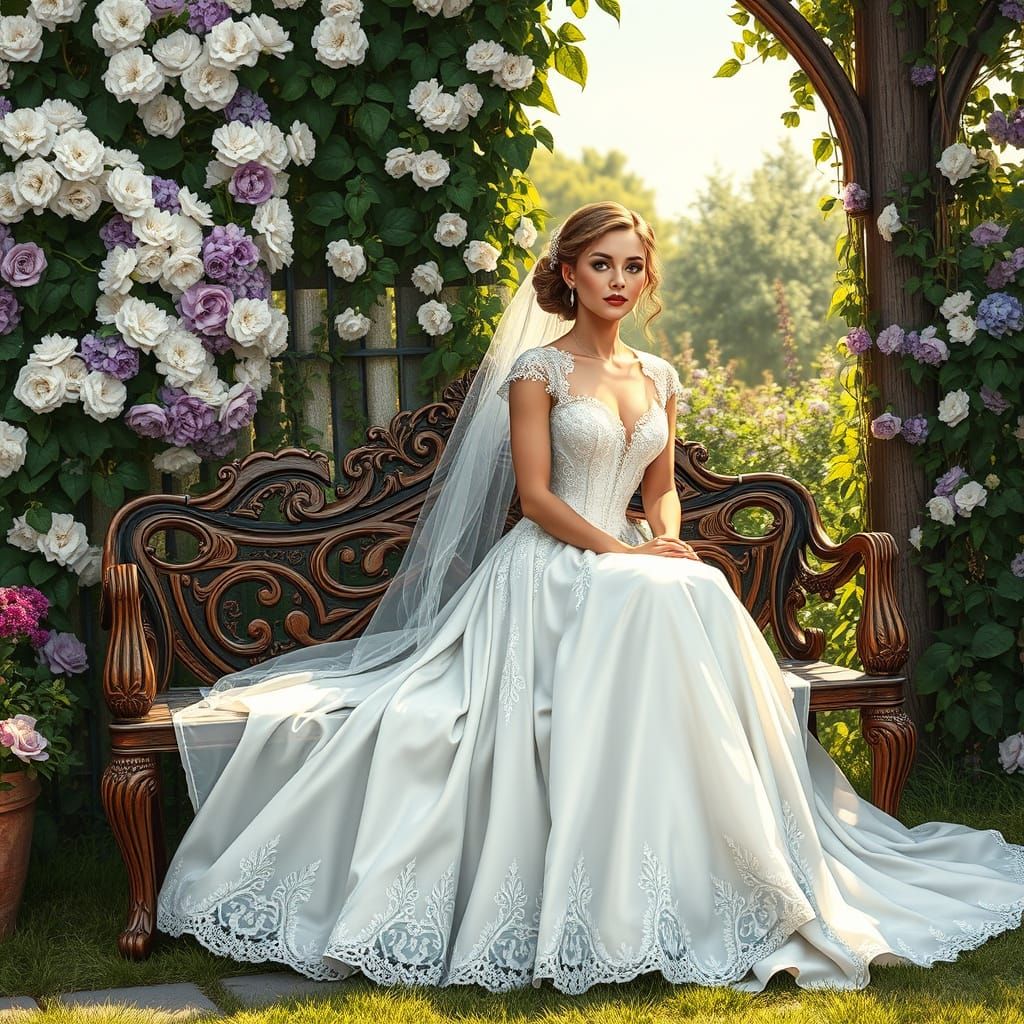 Bride in White Gown with Flowers, Comic Book Style