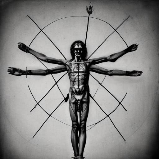 vitruvian man Crucified antichrist joker on wooden cross cha...