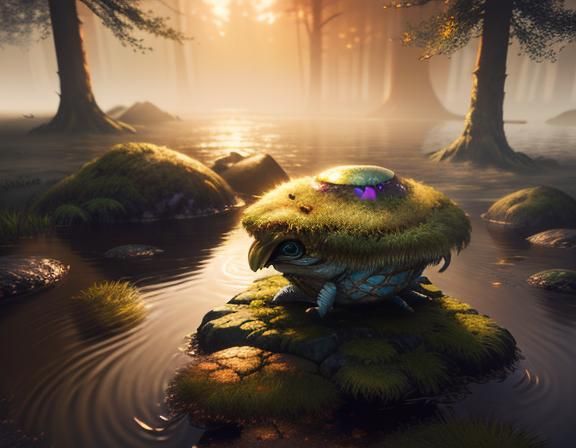 Female Amphibioid in Misty Waters: 3D Game Art