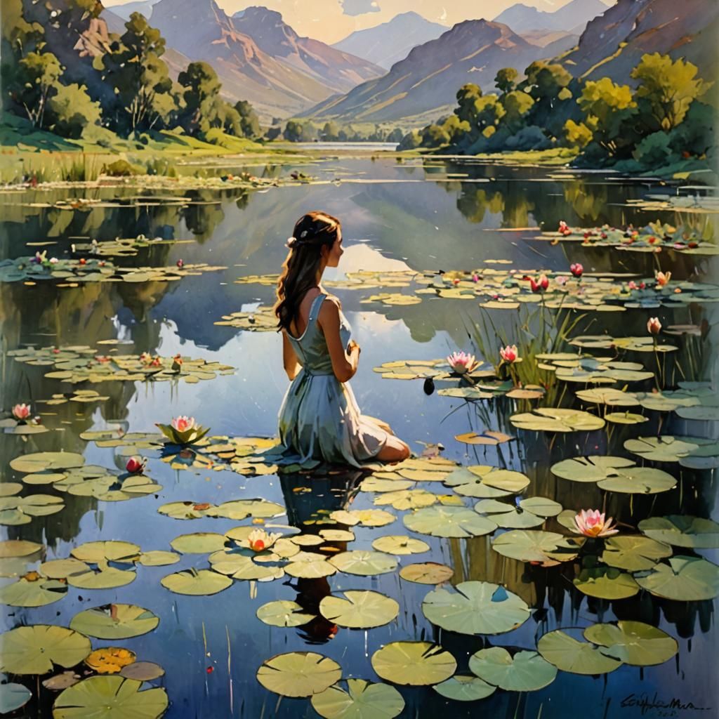 Water Lilies on Lake at Sunset in Watercolor