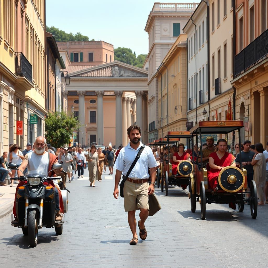A man walks a modern street in which motorized Roman chariot...