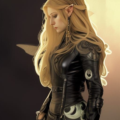 Zelda, wearing a black leather dress