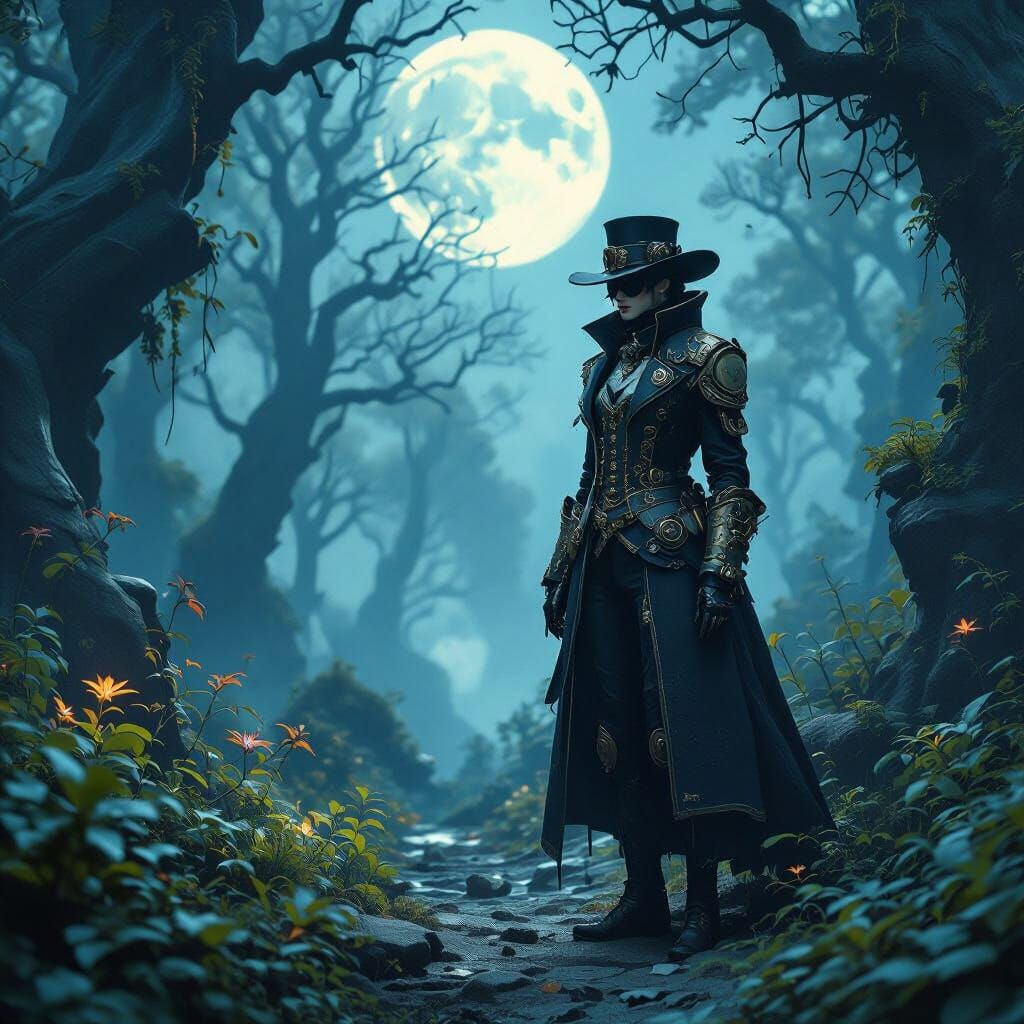 Steampunk Figure in Moonlit Forest: Retrofuturism