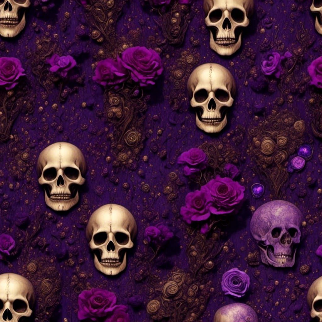 <lora:Hexen Hollow:1.0> <lora:Fleur Noir:1.0> <lora:Purple Rose Skulls:1.0> Purple hearts, flowers and gothic skulls Epi...