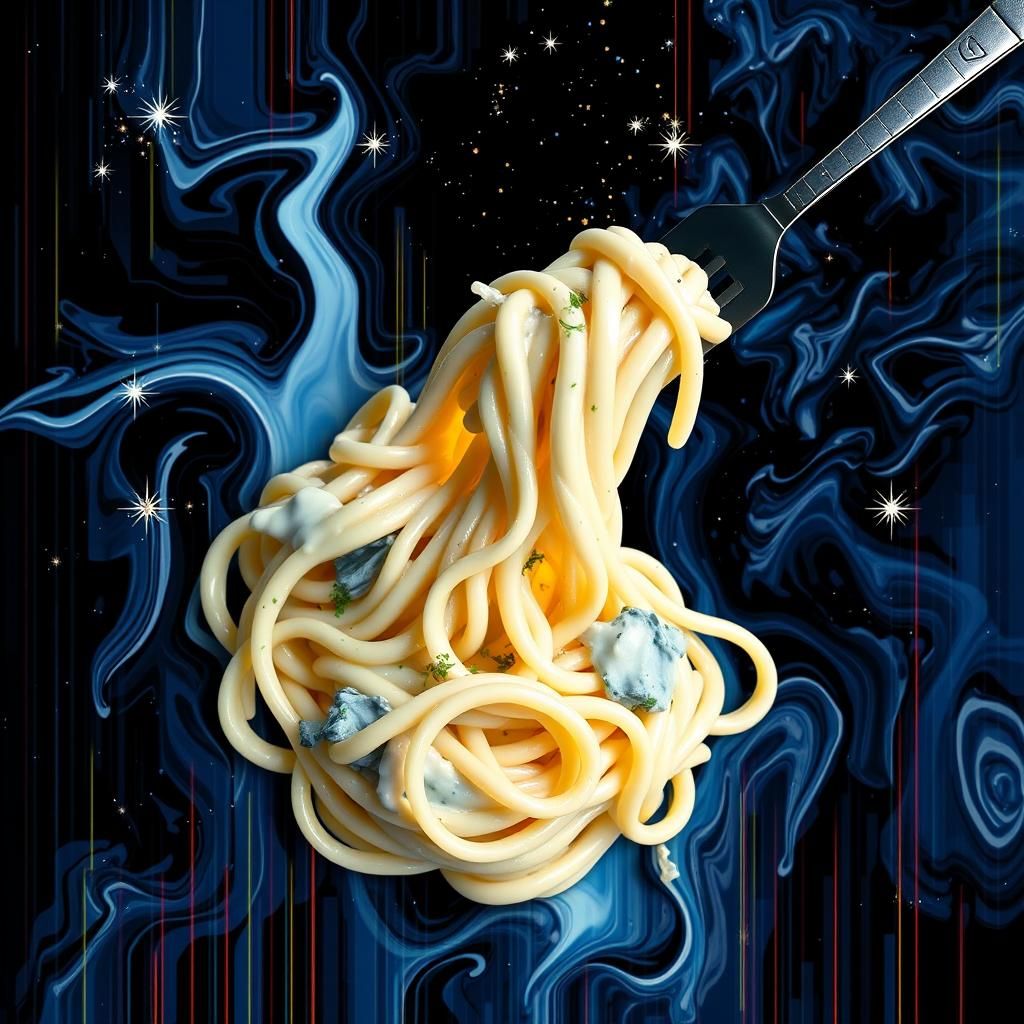 Delicious Fettuccine Alfredo in Abstract Glitch Style
