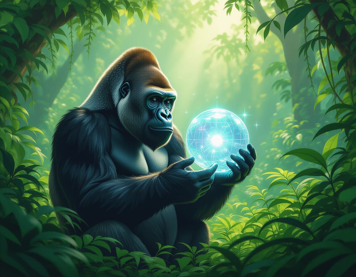 Gorilla Plays With Futuristic Hologram in Ethereal Forest