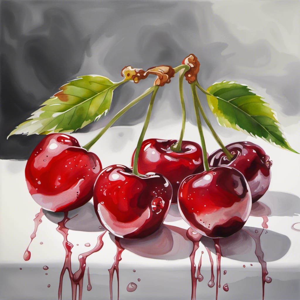 Fresh Red Cherries: Hyperrealistic Watercolor Masterpiece