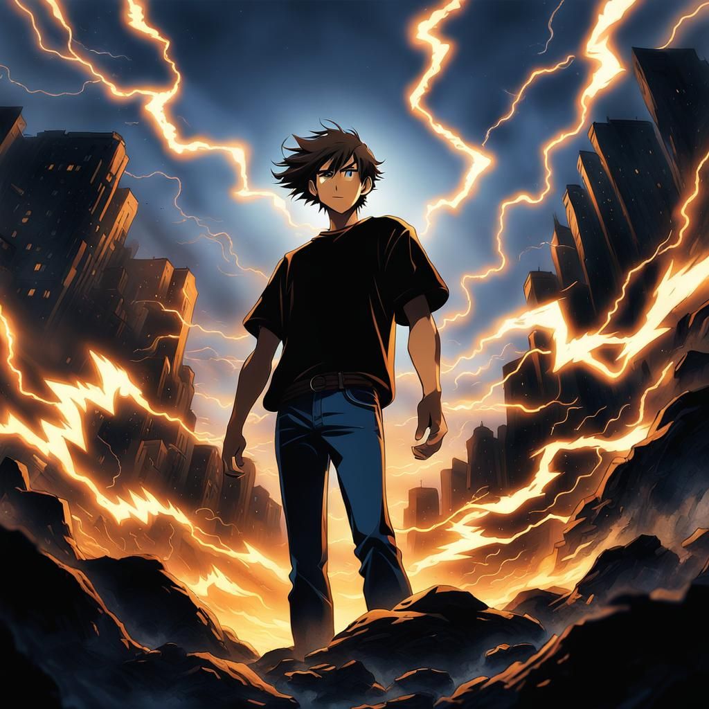 Boy Holds Lightning Ball in Anime Style