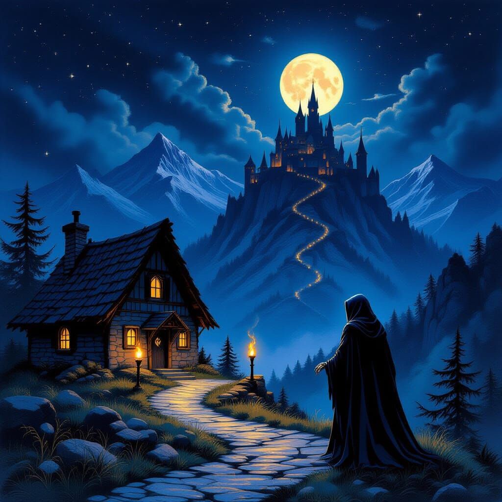 Eerie Mountain Cottage with Skeletal Figure