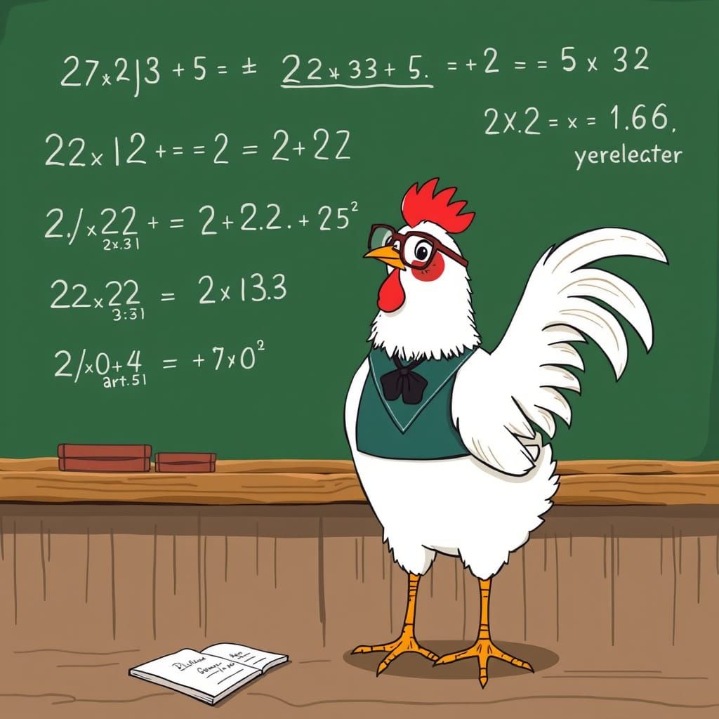 Whimsical Chicken Professor Solving Equations