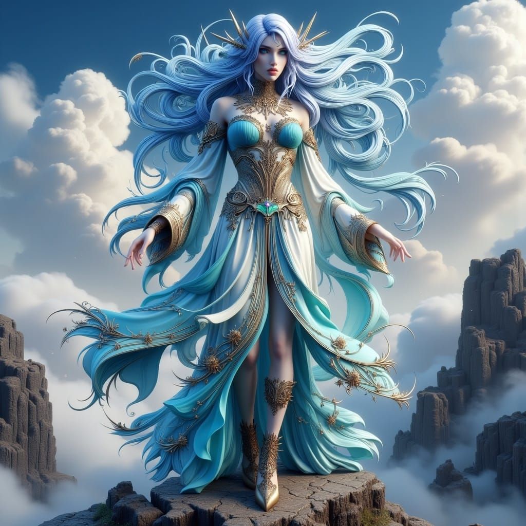 Anime Mage on Windswept Cliff in Art Nouveau Style